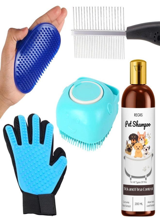 REGIIS Pet Grooming Kit with Shampoo, 5-Piece Set with Massage Brush, Grooming Glove, Metal Comb, Silicone Brush, Tick and Flea Control Shampoo(Pack of 5) - Image 1